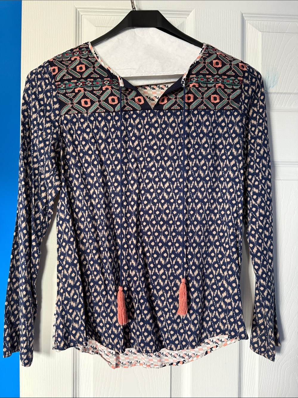 THML Navy Indigo Patterned Long-Sleeve Tunic with Coral Tassels